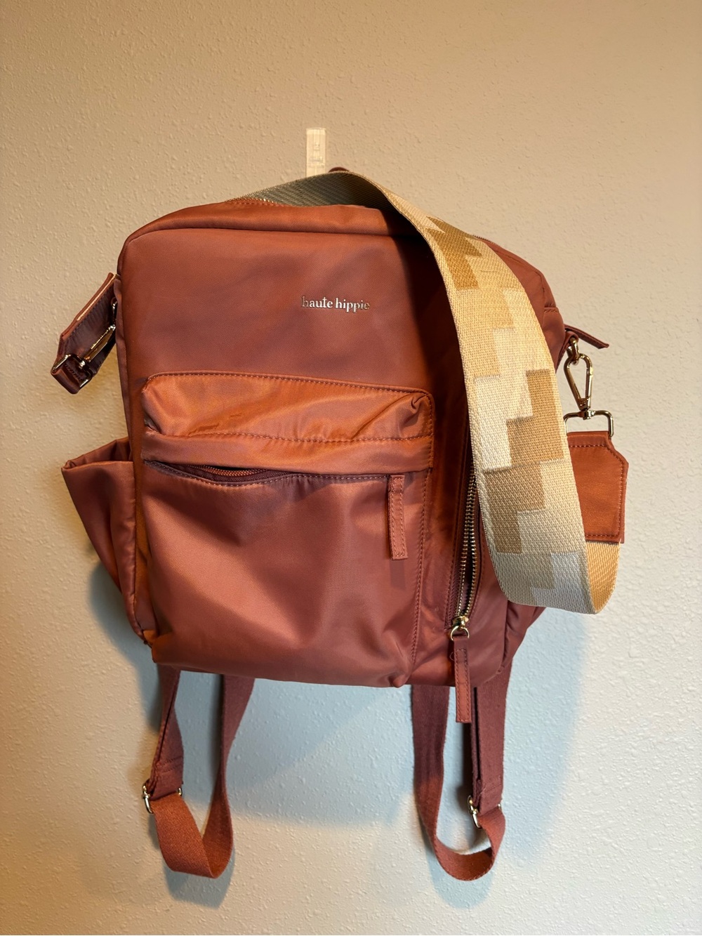 Haute Hippie Rust Nylon Crossbody Backpack with Tan Strap - Picture 2 of 16